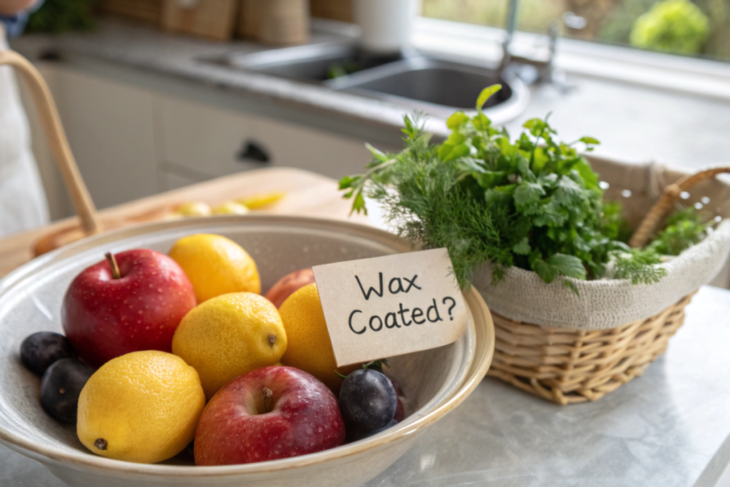 Bowl of apples, lemons, and plums labeled as potentially wax-coated with non-vegan beeswax or shellac.