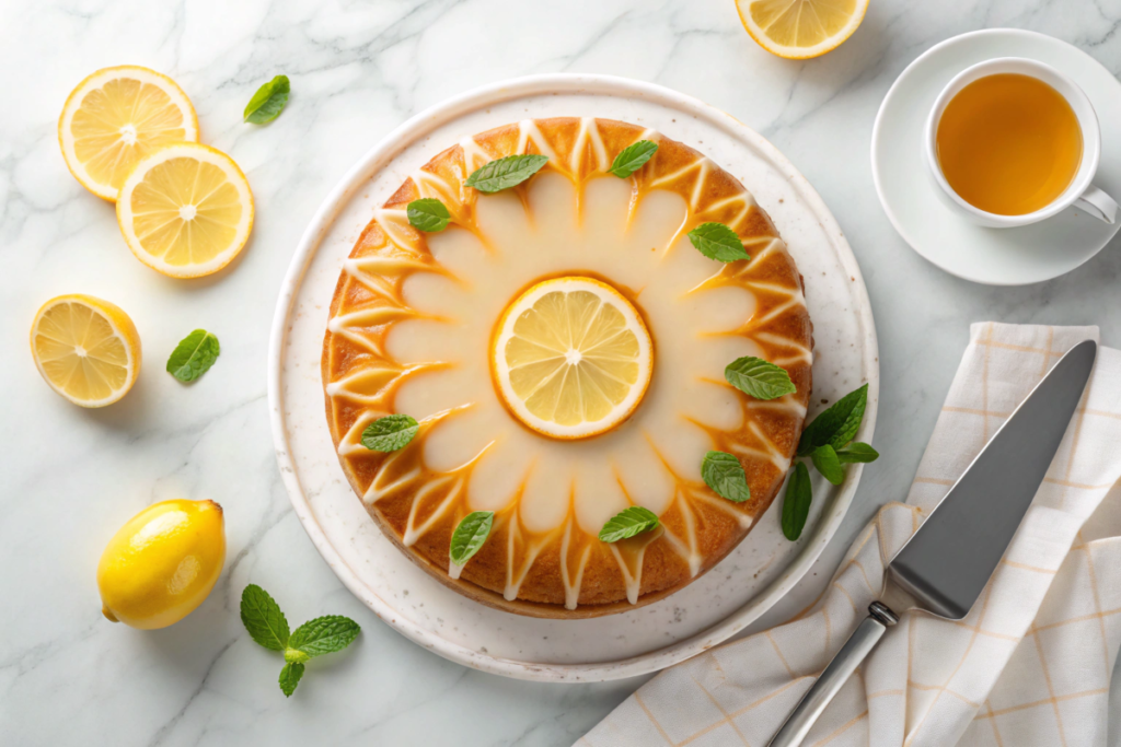 A beautifully baked lemon drizzle cake with a glossy glaze and light cracks, garnished with lemon slices and mint leaves.