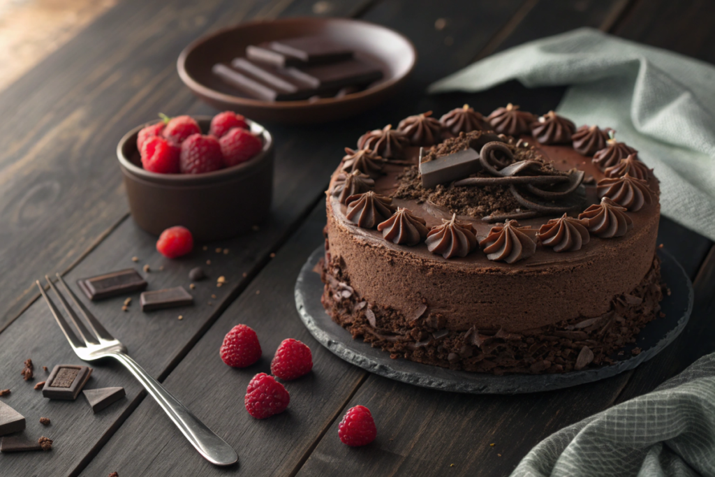 Rich chocolate cake with frosting and fresh raspberries.