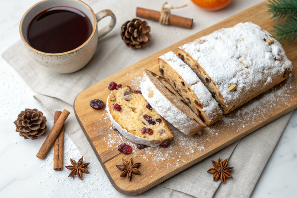 Sliced stollen dusted with powdered sugar, filled with dried fruits and marzipan, served on a festive board.