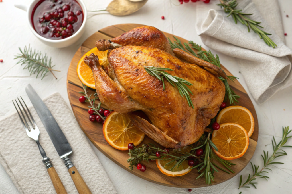 Roasted turkey on a serving platter with rosemary, orange slices, and cranberries.