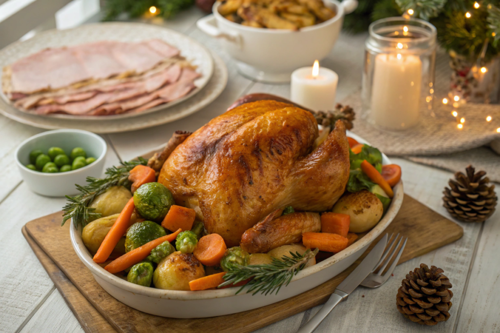 Christmas dinner table with a roasted turkey, glazed ham, roasted vegetables, and festive decorations.