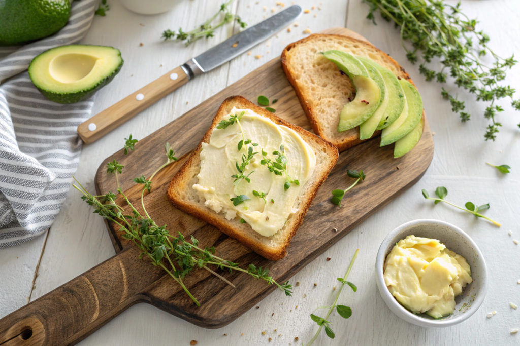 Vegan butter spread on toast with fresh herbs and avocado slices, presented on a wooden board.