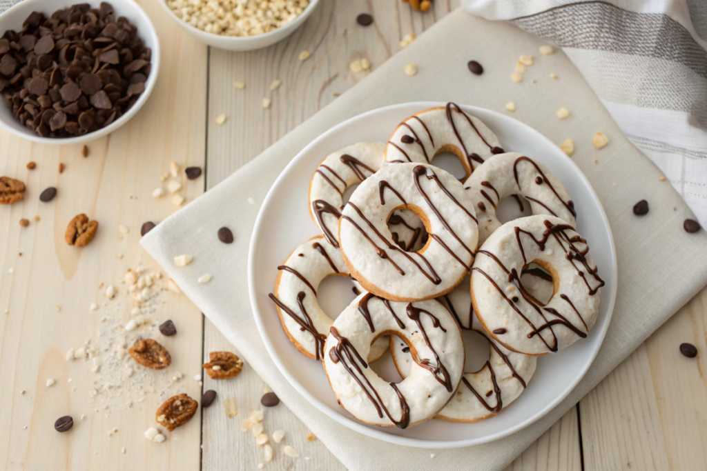 Yogurt-covered pretzels drizzled with dark chocolate on a white serving plate