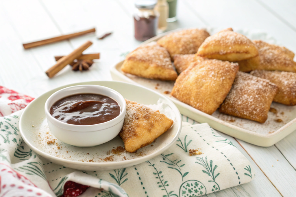 Golden air fryer fried dough dusted with cinnamon sugar and served with chocolate dipping sauce.