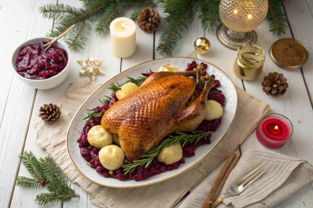 German Christmas dinner table with roasted goose, red cabbage, potato dumplings, and festive decorations.