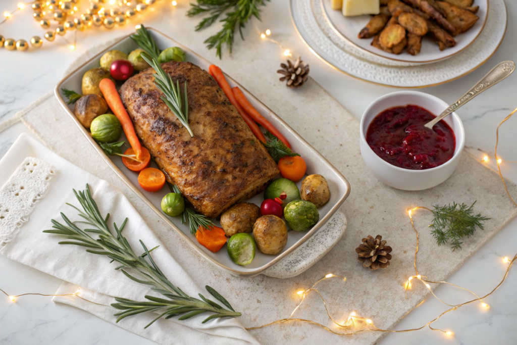 Christmas dinner table with a vegan holiday loaf, roasted vegetables, cranberry sauce, and festive holiday decorations.