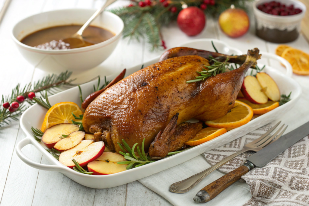 Roasted goose on a serving dish with rosemary, apples, and oranges, served with holiday gravy.