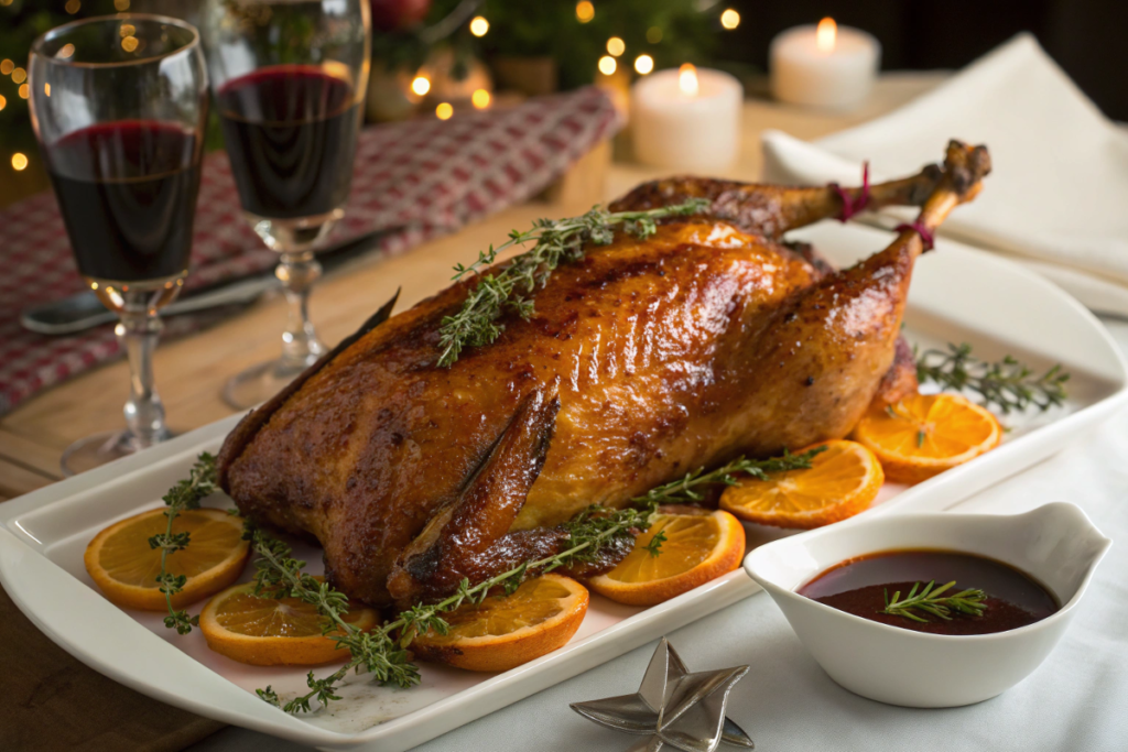 Roasted duck glazed with orange sauce and garnished with fresh thyme and citrus slices.