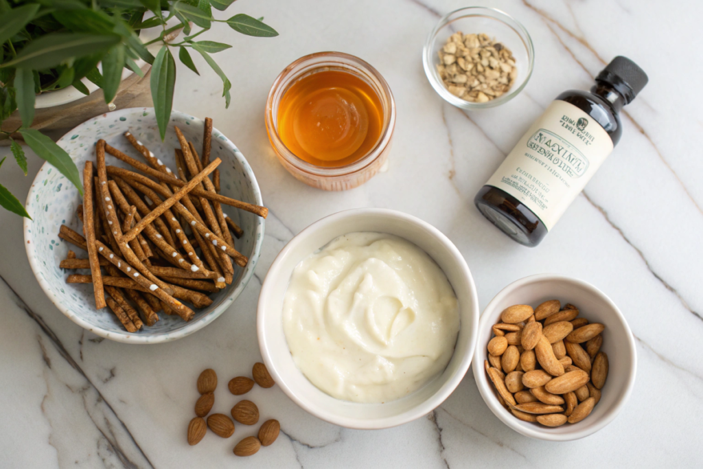 Ingredients for yogurt pretzels: pretzel sticks, Greek yogurt, honey, vanilla extract, and crushed almonds.