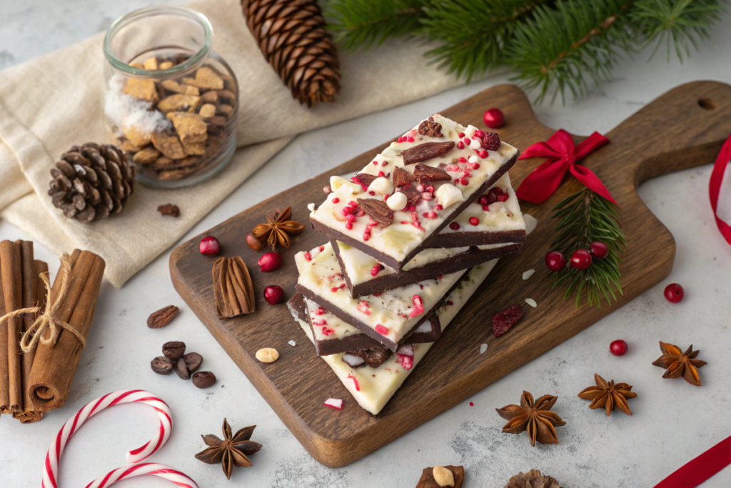 Festive chocolate bark topped with crushed candy canes, nuts, and dried fruit on a rustic board.