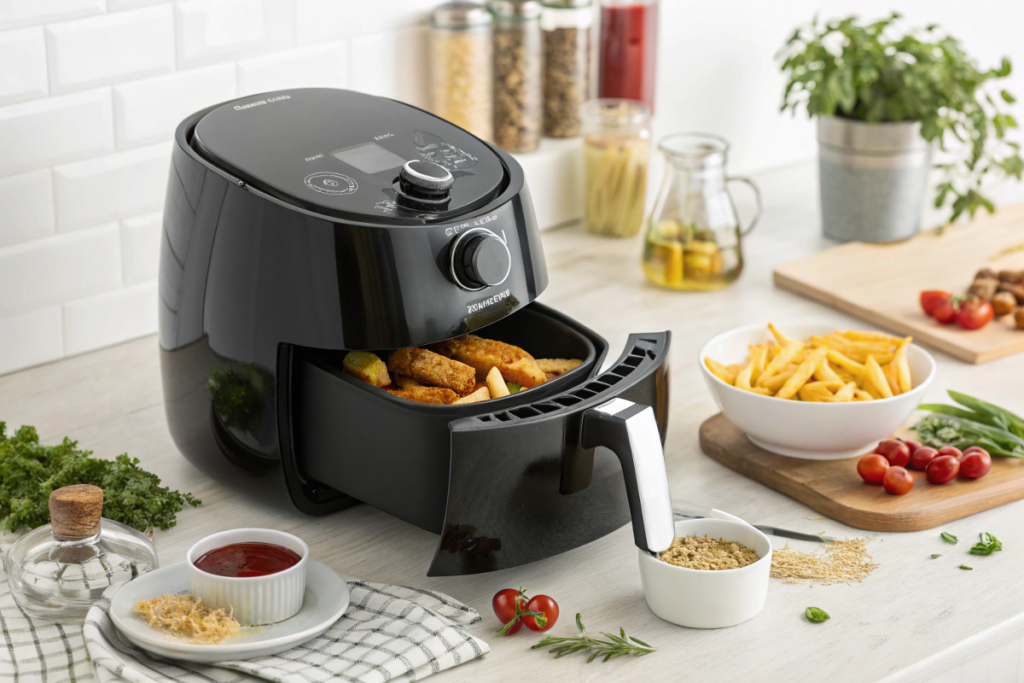 Modern air fryer with golden vegetables and small bowls of water and marinades on a bright kitchen counter.