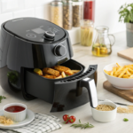 Modern air fryer with golden vegetables and small bowls of water and marinades on a bright kitchen counter.