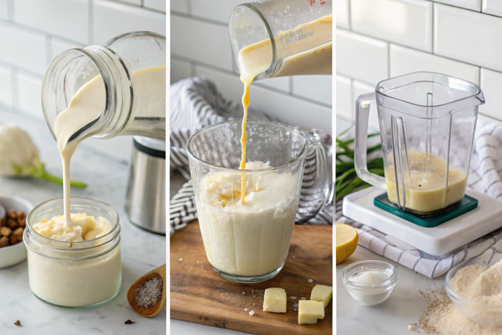 Collage showing the steps of making vegan butter: adding coconut oil to a blender, blending the mixture, and refrigerating the final product in a glass jar.