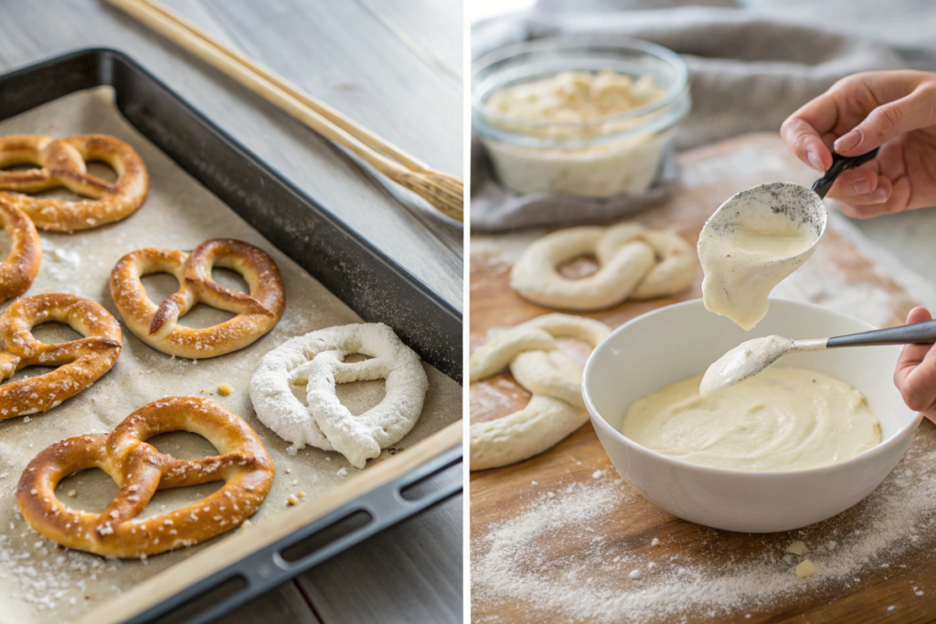 Collage showing step-by-step process for making yogurt pretzels: shaping dough, baking pretzels, and dipping them in yogurt coating.