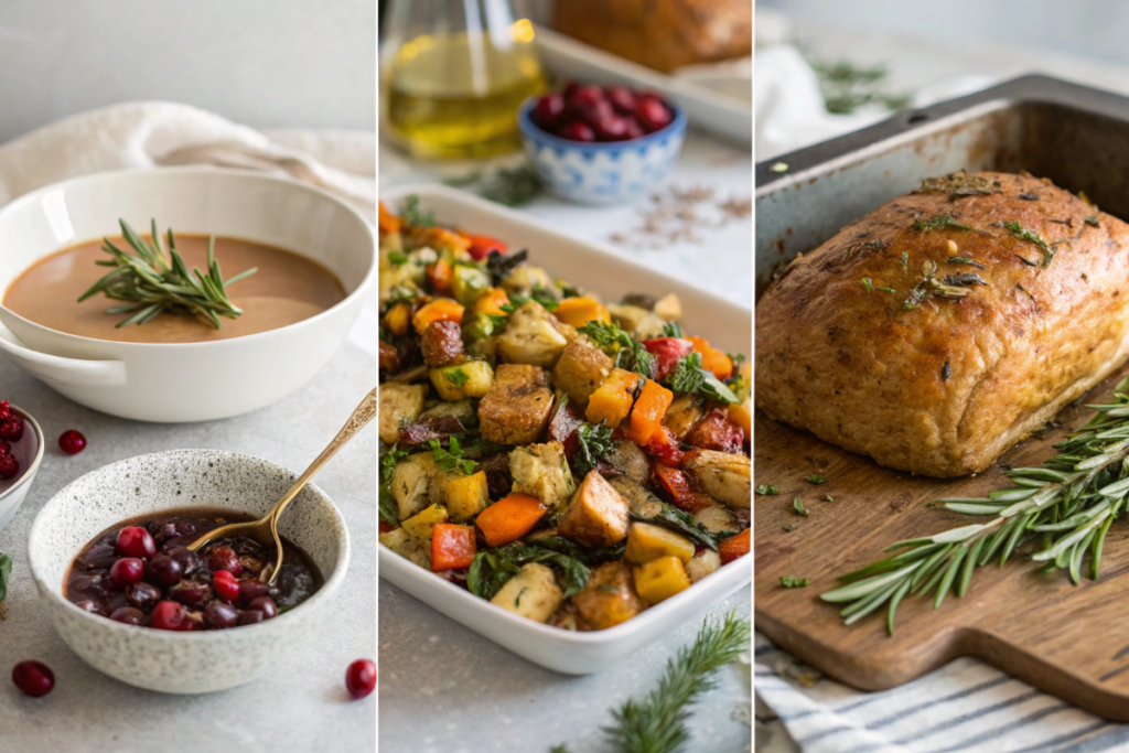 Collage showing step-by-step Christmas cooking: tossing roasted vegetables, baking a holiday loaf, and serving the final dish with vegan gravy and cranberry sauce.