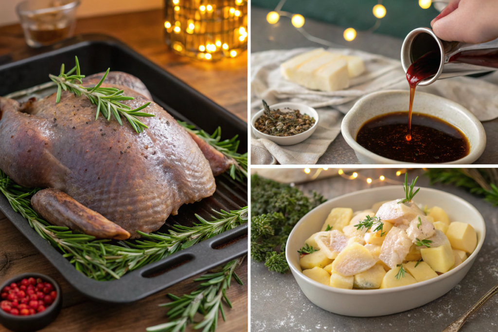 Collage showing turkey preparation, roasting potatoes, and flaming Christmas pudding for a classic Christmas dinner.