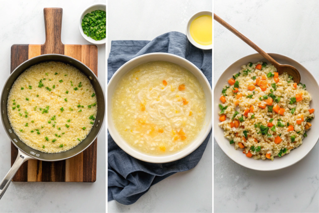 Collage showing risotto cooking, Parmesan risotto plated, and wild rice pilaf being prepared.