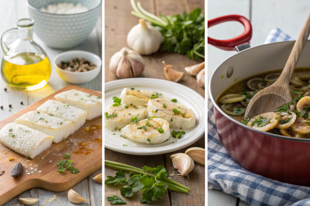 Collage showing steps for preparing salted cod, fried calamari, and steamed clams for the Feast of the Seven Fishes.