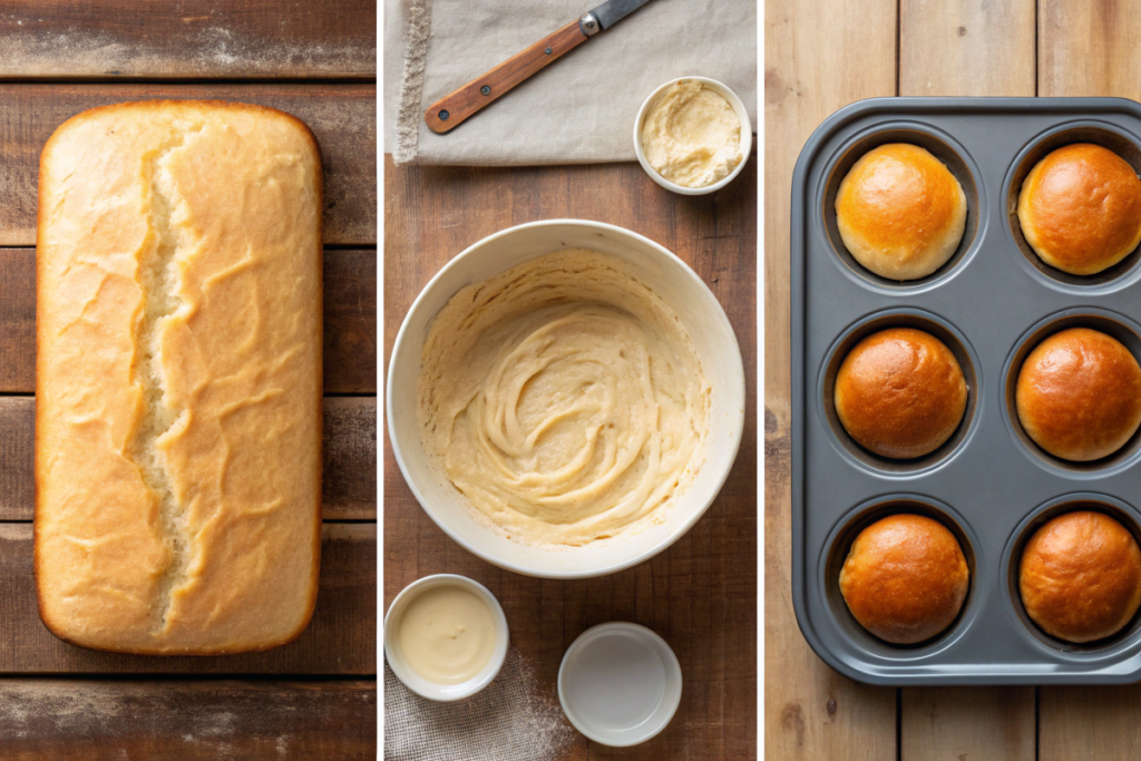 A collage showing baking spread used on bread, in batter, and for pastries.