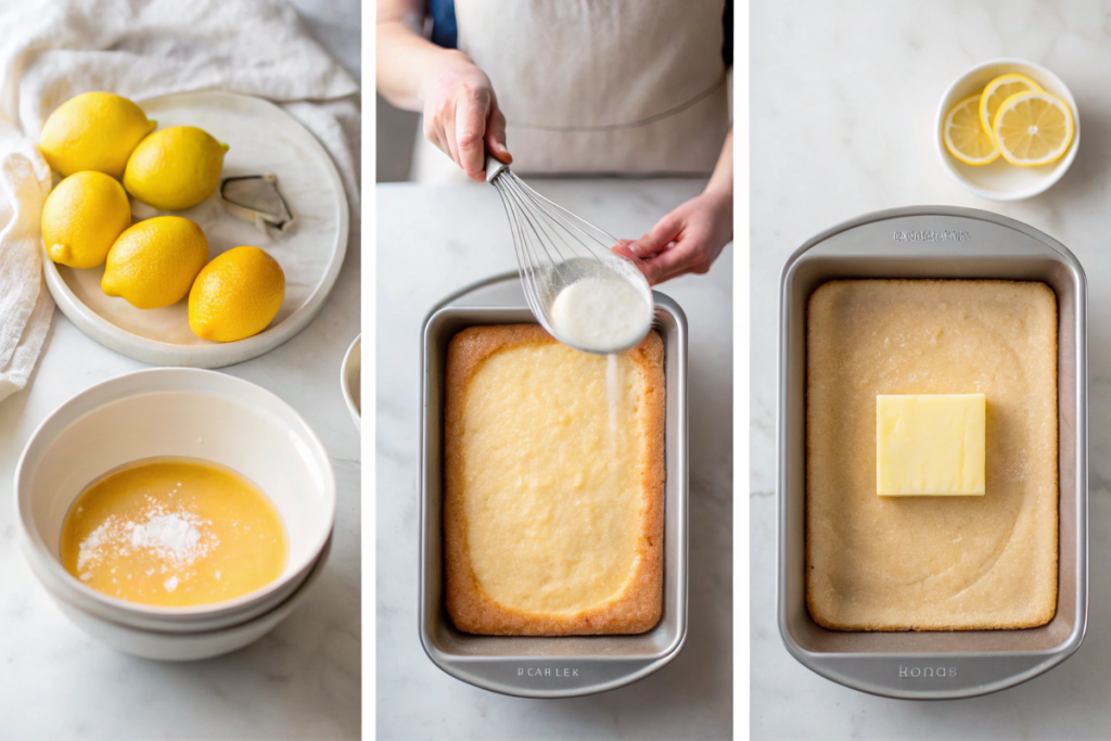 A collage showing steps for making a lemon drizzle cake: zesting lemons, pouring batter into a tin, and drizzling syrup on the baked cake.