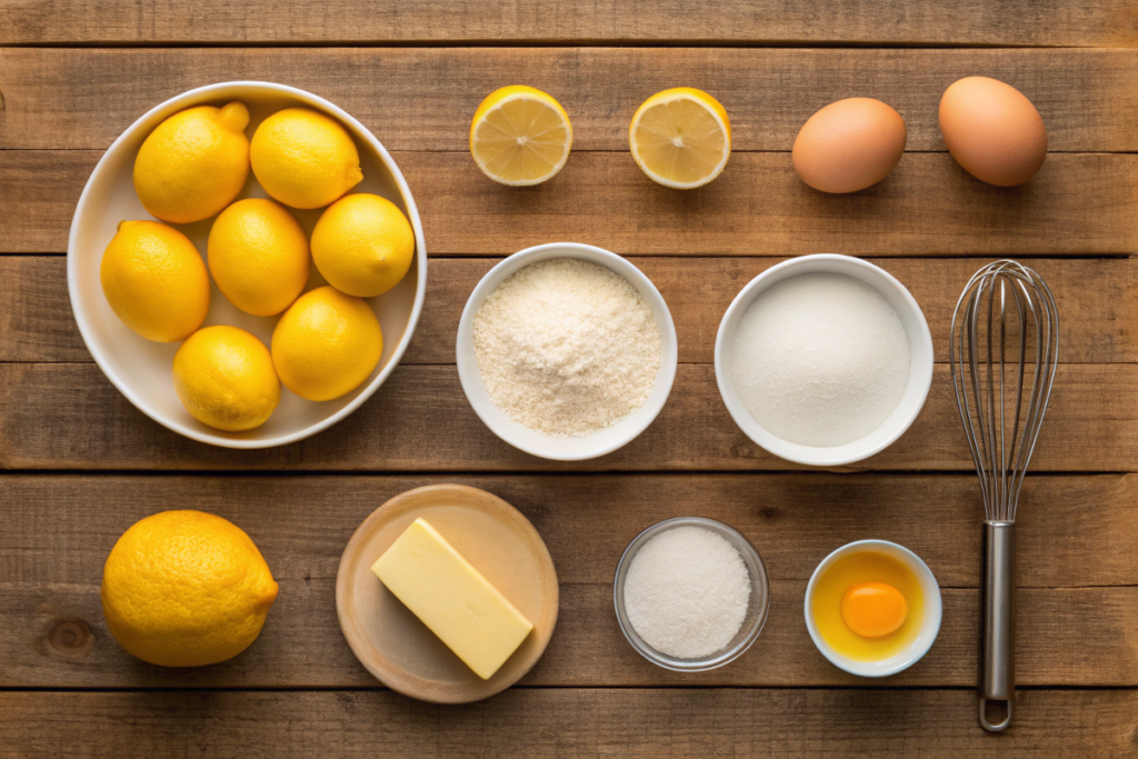 Key ingredients for lemon drizzle cake: lemons, butter, sugar, eggs, flour, and a whisk on a rustic wooden counter