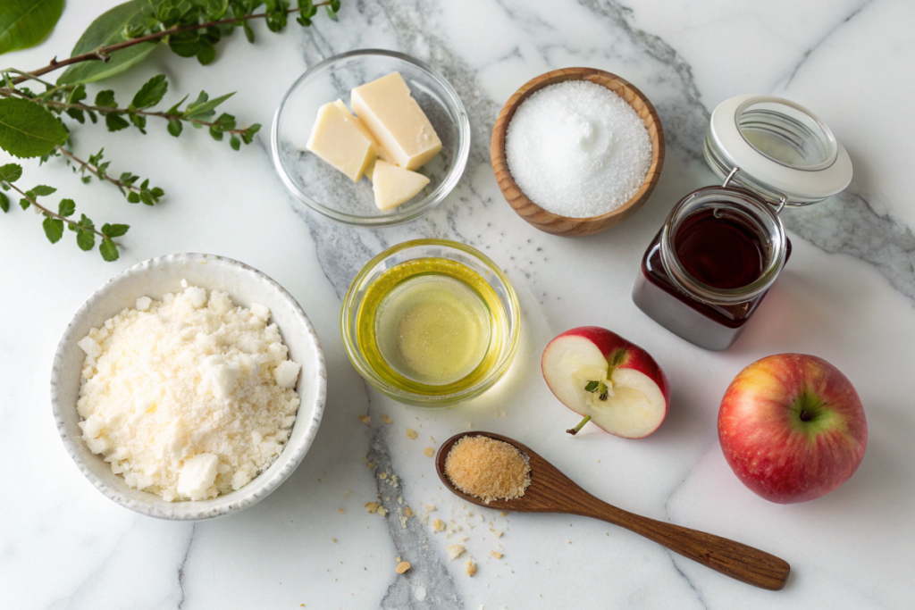 Ingredients for homemade vegan butter: coconut oil, soy milk, apple cider vinegar, and nutritional yeast on a marble countertop.