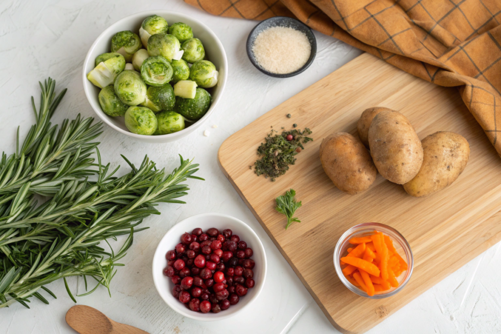 Fresh ingredients for Christmas dishes: rosemary sprigs, cranberries, Brussels sprouts, carrots, potatoes, vegan butter, and spices.