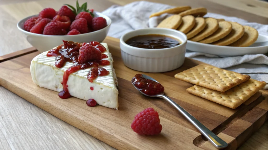 A cheese board with brie drizzled in raspberry chipotle sauce, served with crackers and fresh raspberries