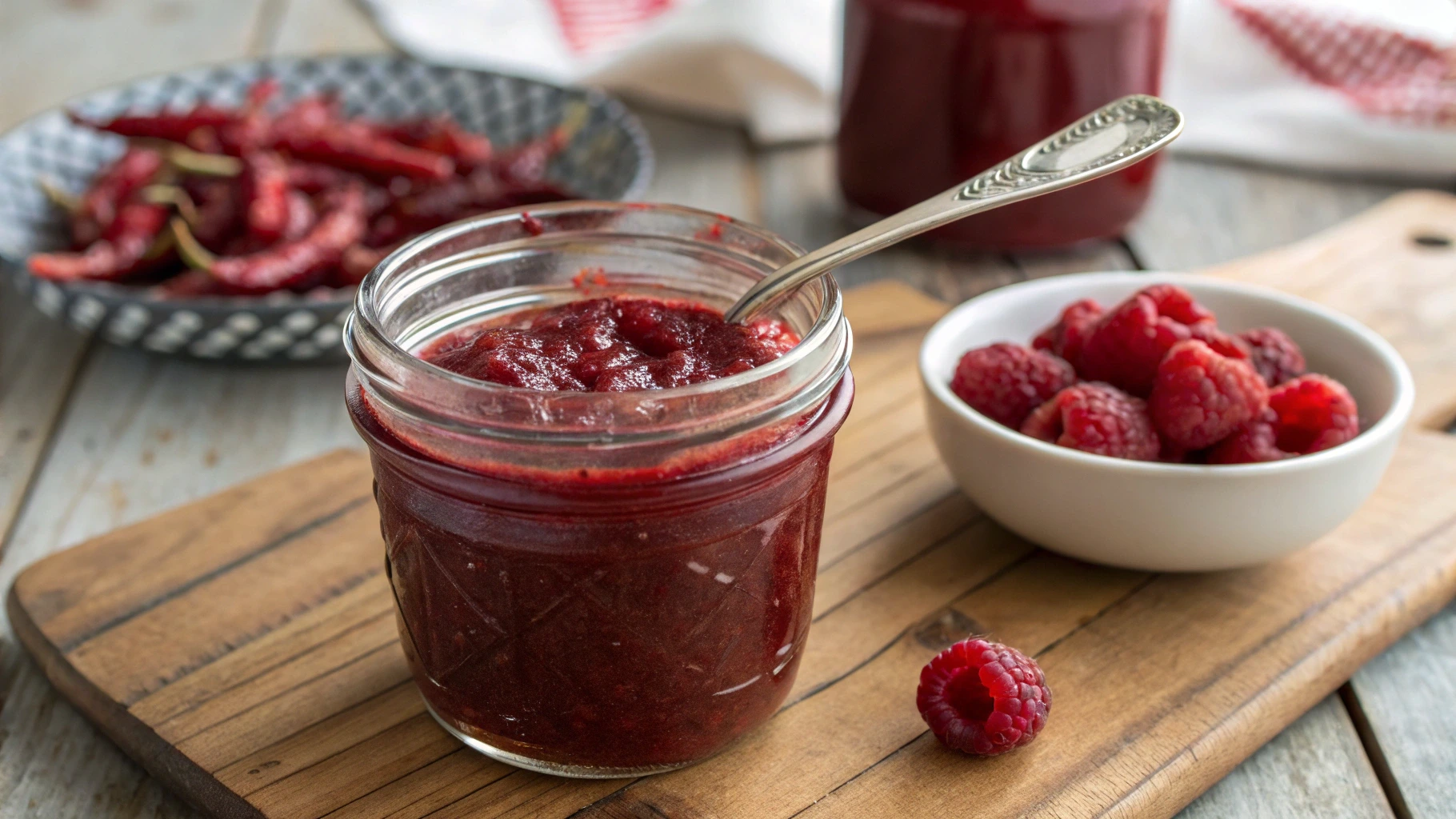 A jar of homemade raspberry chipotle sauce with fresh raspberries and chipotle peppers in the background