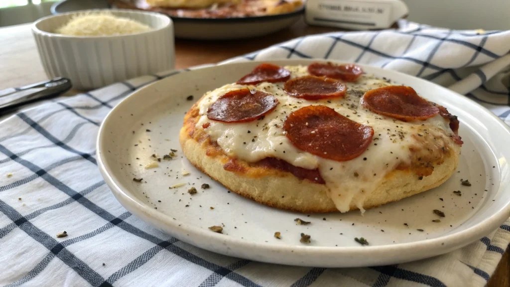 Mini biscuit pizzas made in an air fryer with cheese and pepperoni