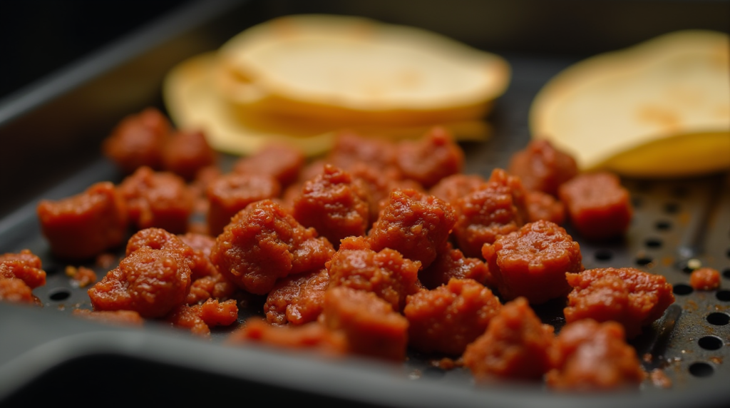 Crumbled airfryer chorizo, with tortillas warming in the background.