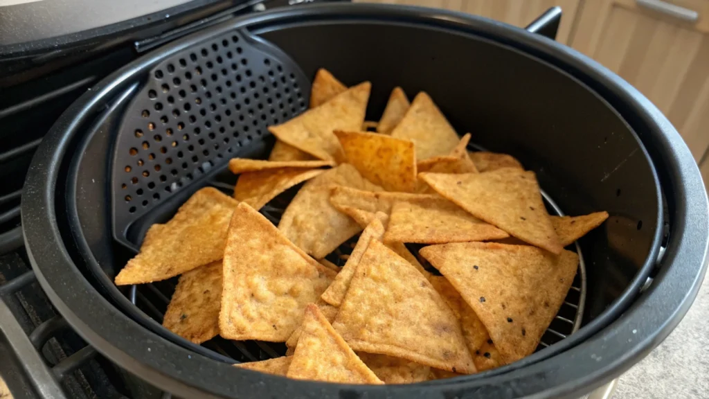 Flour tortilla triangles cooking inside an air fryer basket, turning golden and crispy