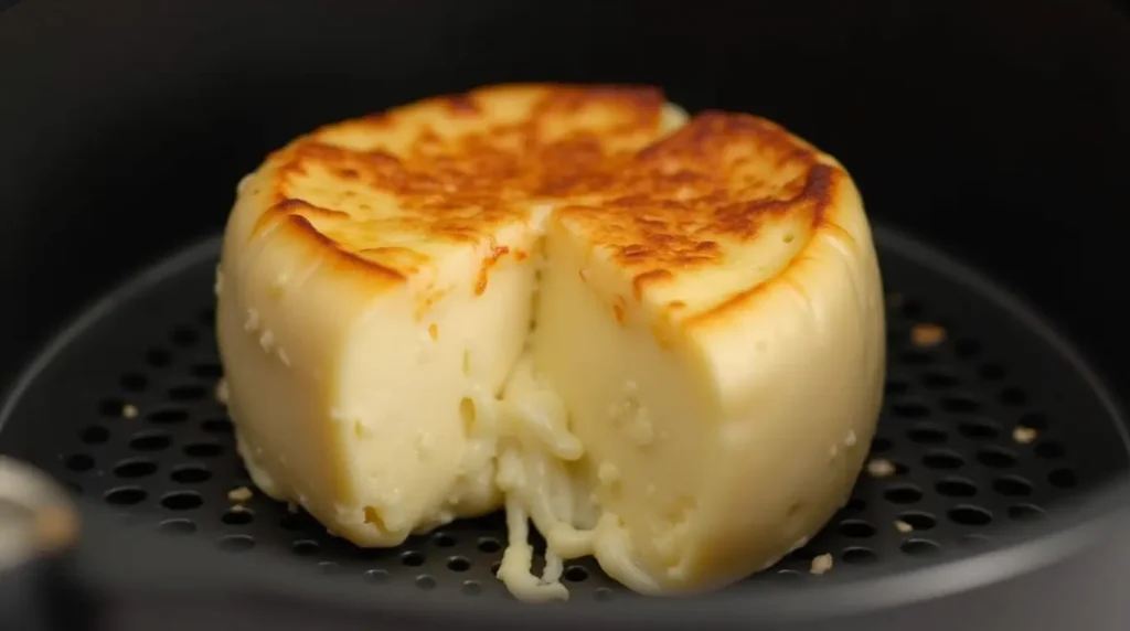 Brie cheese inside an air fryer, melting to a gooey perfection