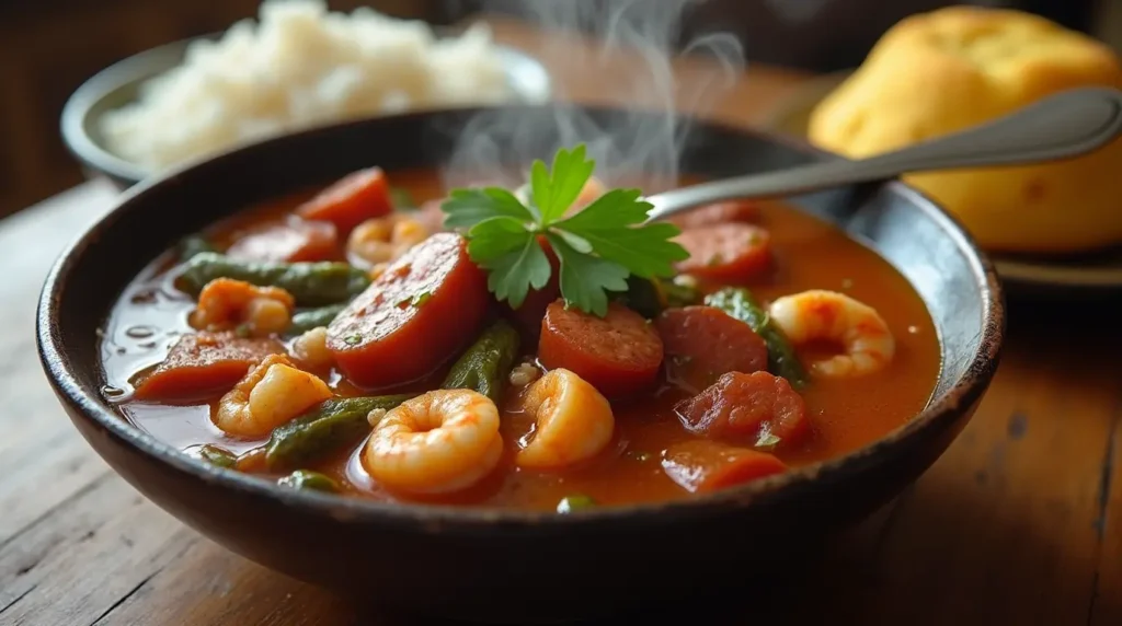 A bowl of homemade chicken andouille sausage gumbo with shrimp and okra