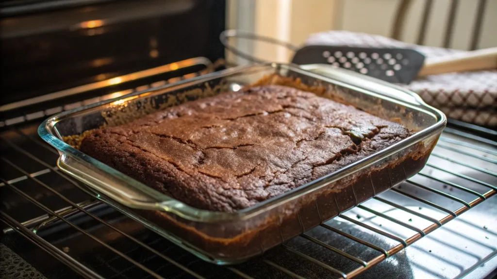 A glass dish with freshly baked brownies inside an air fryer basket