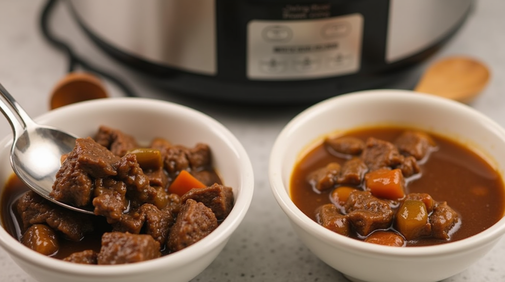 A spoon lifting browned and unbrowned beef from two bowls of slow-cooked stew.