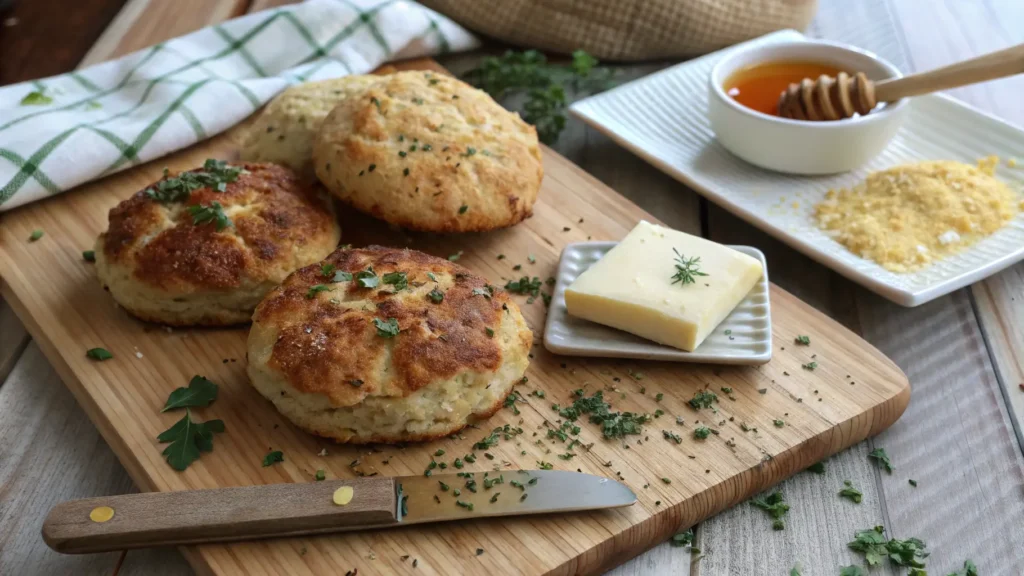 Three variations of air fryer biscuits—garlic herb, cinnamon sugar, and cheddar cheese—on a wooden board