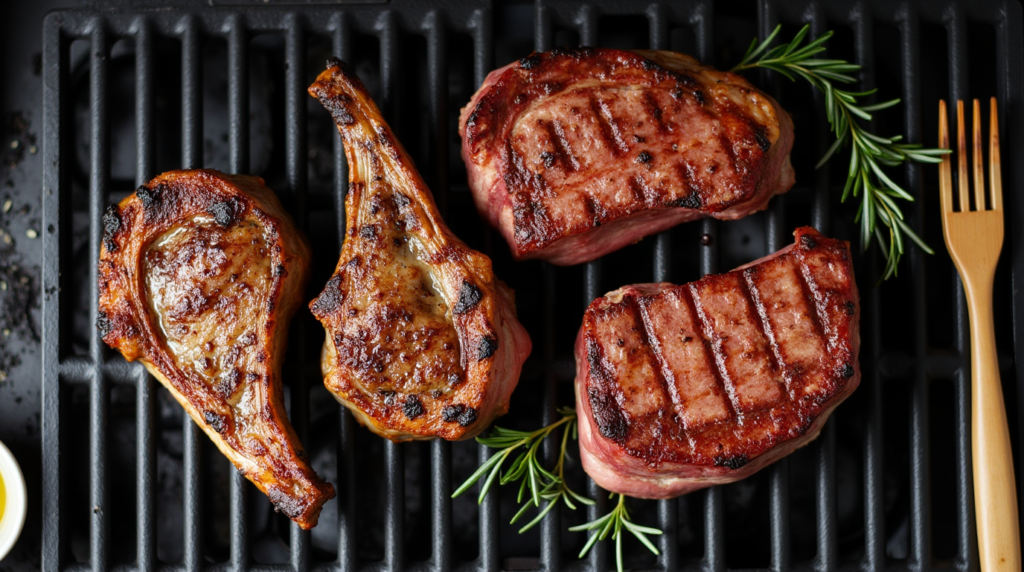 Lamb chops and a beef steak grilling side by side, each with distinct seasonings.