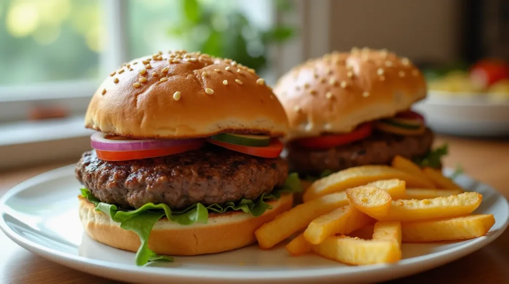 A homemade ground sirloin burger cut in half, served with lettuce, tomato, and fries.