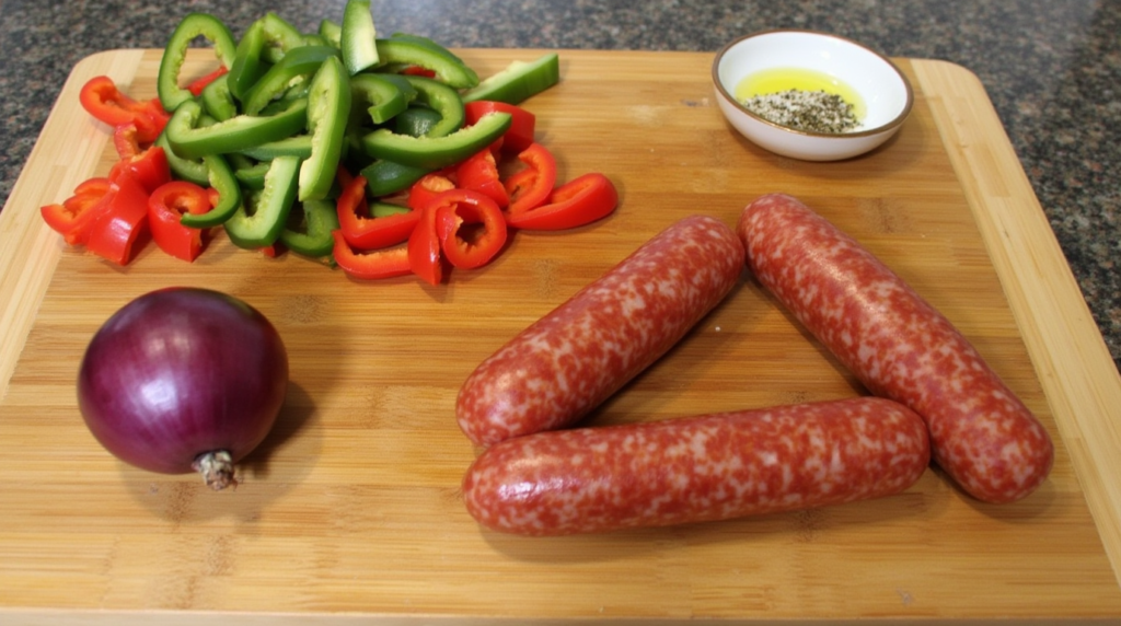 Fresh ingredients for air fryer chorizo and peppers, including bell peppers, onion, and chorizo.