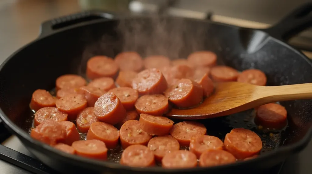 Sliced chicken andouille sausage sizzling in a cast-iron skillet.