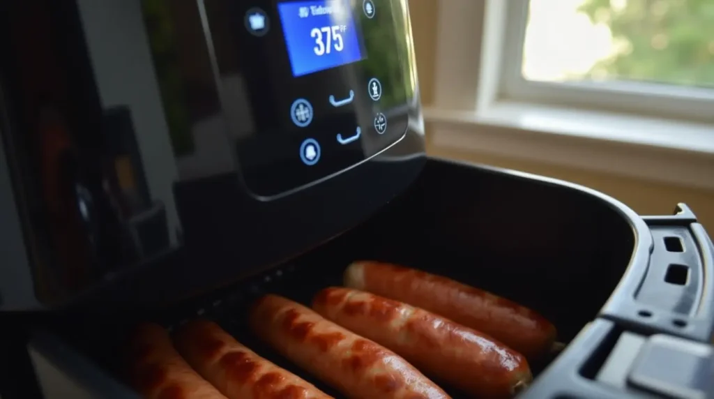 Air fryer display showing 375°F and 12 minutes for cooking sausages