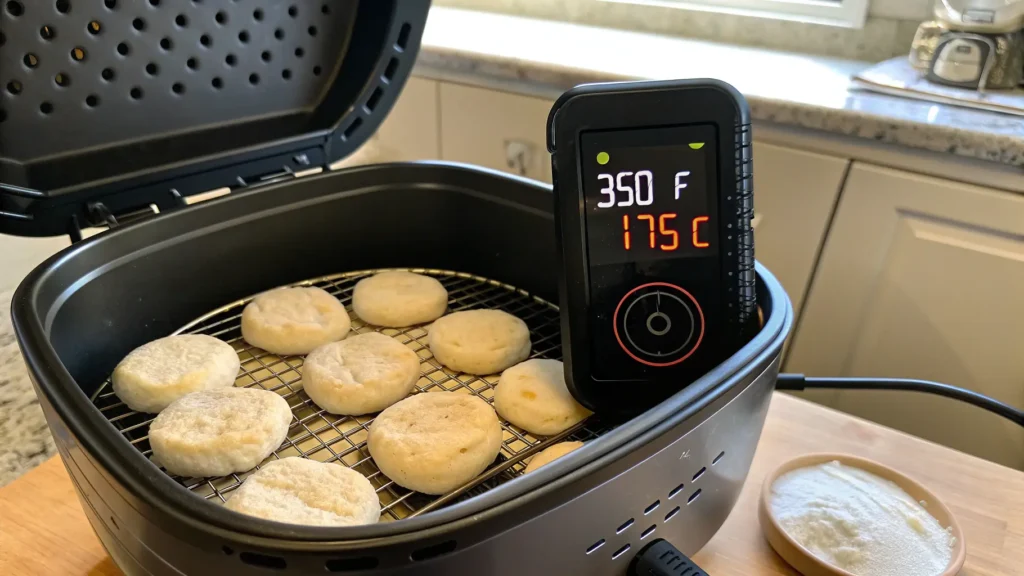 What Temperature Do You Cook Biscuits in an Air Fryer? Air fryer set to 350°F with raw biscuit dough rounds arranged in the basket