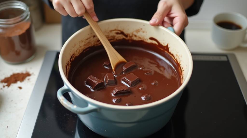 A home baker melting chocolate in a double boiler for homemade chocolate-covered peanuts.