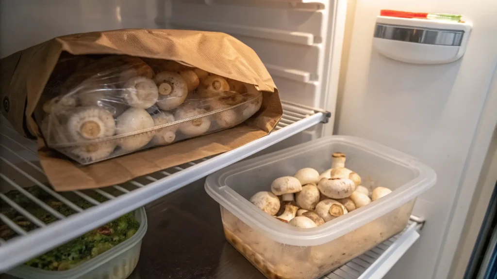 Mushrooms stored in a paper bag vs. a plastic container in the fridge