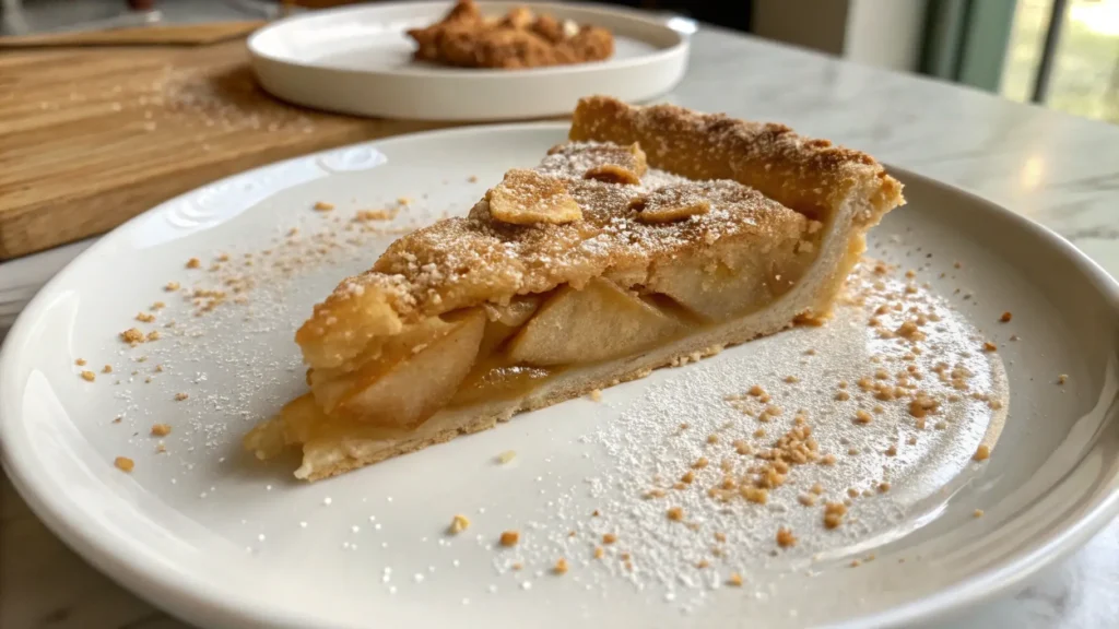 A freshly baked apple pie slice with a Demerara sugar crust on a white plate