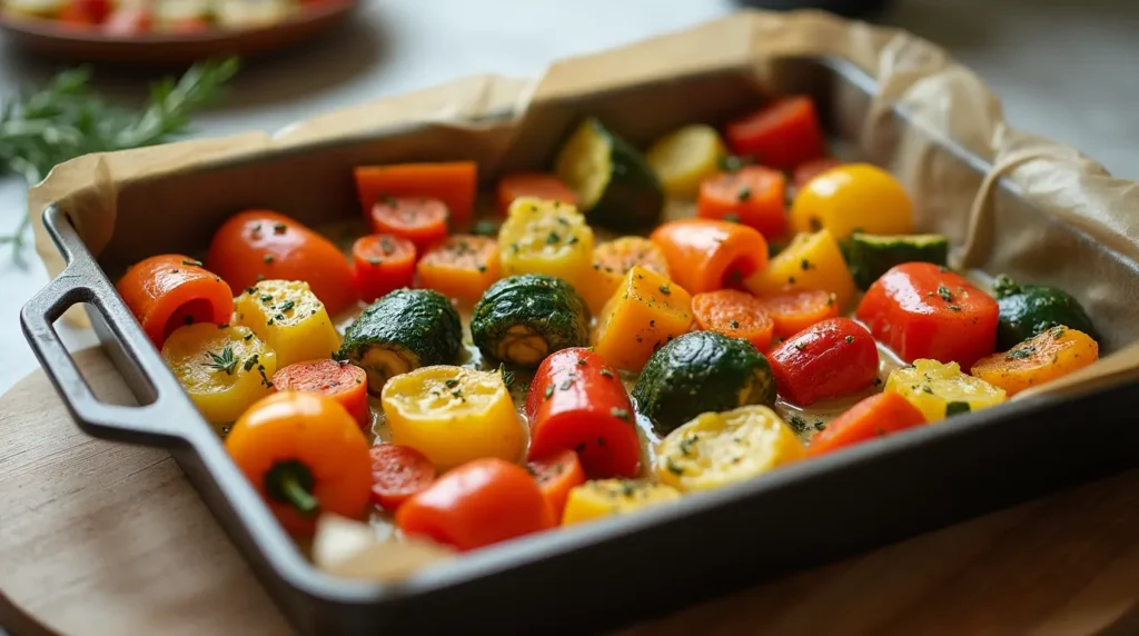 A jelly roll pan with freshly roasted vegetables, including zucchini, peppers, and carrots.