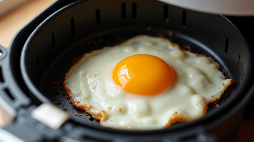 egg in the air fryer basket with golden edges and a runny yolk.