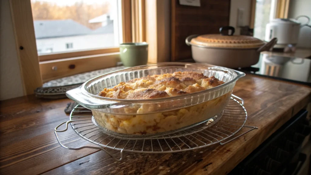 A glass baking dish inside an air fryer, cooking a golden-brown casserole